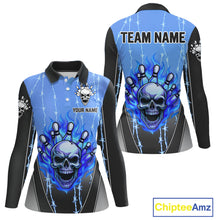 Load image into Gallery viewer, Black and blue flame skull Bowling Polo, 1/4 Zip Shirt for Women Custom Team Bowling League Jersey NQS10205