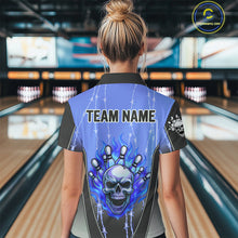 Load image into Gallery viewer, Black and blue flame skull Bowling Polo, 1/4 Zip Shirt for Women Custom Team Bowling League Jersey NQS10205