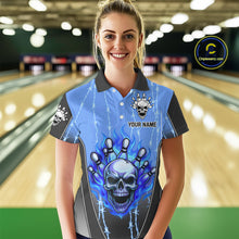 Load image into Gallery viewer, Black and blue flame skull Bowling Polo, 1/4 Zip Shirt for Women Custom Team Bowling League Jersey NQS10205