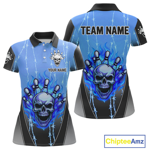 Black and blue flame skull Bowling Polo, 1/4 Zip Shirt for Women Custom Team Bowling League Jersey NQS10205