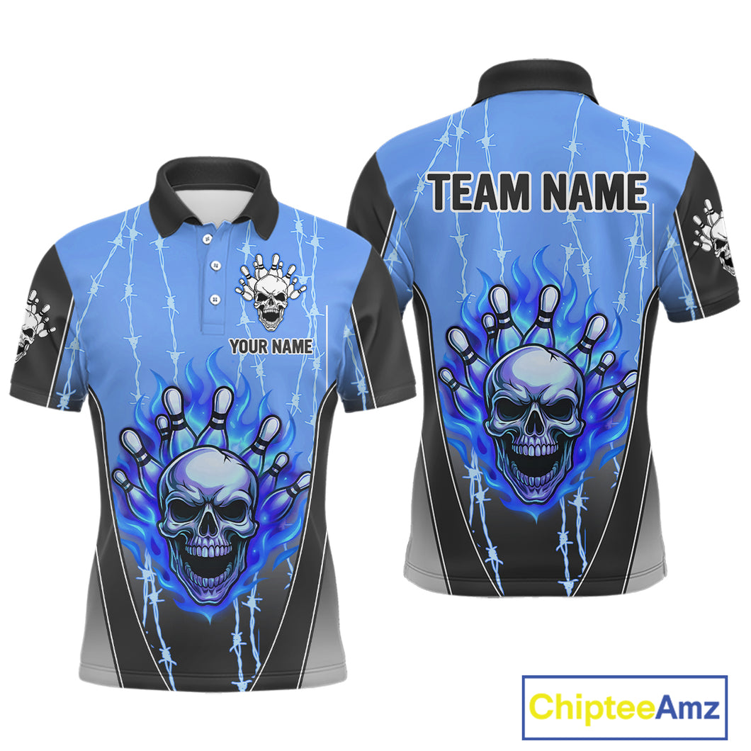 Black and blue flame skull Bowling Polo, 1/4 Zip Shirt for men Custom Team Bowling League Jersey NQS10205