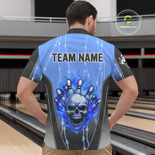 Load image into Gallery viewer, Black and blue flame skull Bowling Polo, 1/4 Zip Shirt for men Custom Team Bowling League Jersey NQS10205