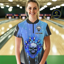 Load image into Gallery viewer, Black and blue flame skull Bowling Polo, 1/4 Zip Shirt for Women Custom Team Bowling League Jersey NQS10205