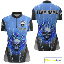 Load image into Gallery viewer, Black and blue flame skull Bowling Polo, 1/4 Zip Shirt for Women Custom Team Bowling League Jersey NQS10205