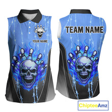 Load image into Gallery viewer, Black and blue flame skull Women Bowling sleeveless polo Shirt Custom Team Bowling League Jersey NQS10205