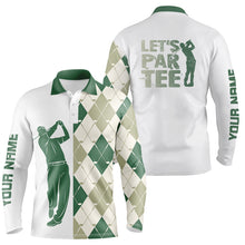 Load image into Gallery viewer, Green and white golf shirt argyle pattern golf clubs custom name Mens golf polo shirt Let&#39;s par tee NQS6040