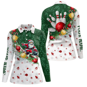 Christmas Santa Playing Bowling Womens Polo, Quarter Zip shirts Custom Christmas Team Bowling Jerseys NQS9068