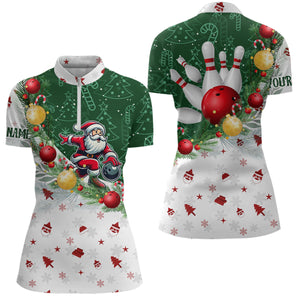 Christmas Santa Playing Bowling Womens Polo, Quarter Zip shirts Custom Christmas Team Bowling Jerseys NQS9068