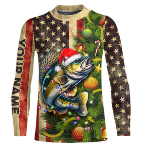 Personalized Christmas Walleye fishing American flag patriotic Performance long sleeve Fishing Shirts NQS9069