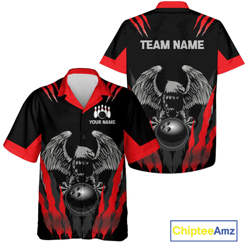 Black and Red Eagle Hawaiian Bowling Jersey Custom Eagle Bowling Team Button up shirt Bowling Uniform NQS11151