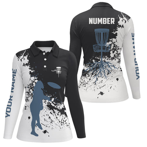 Black and white Womens disc golf polo shirt custom name and number disc golf jerseys, ladies golf tops NQS6051