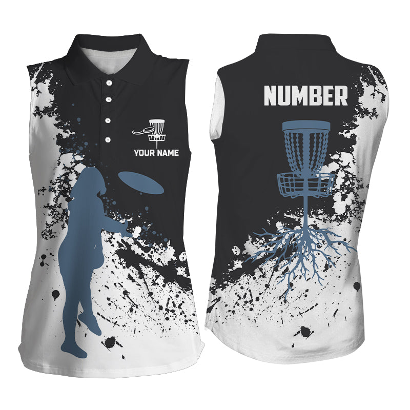 Black and white Womens disc golf sleeveless polo shirt custom name and number ladies disc golf jerseys NQS6051