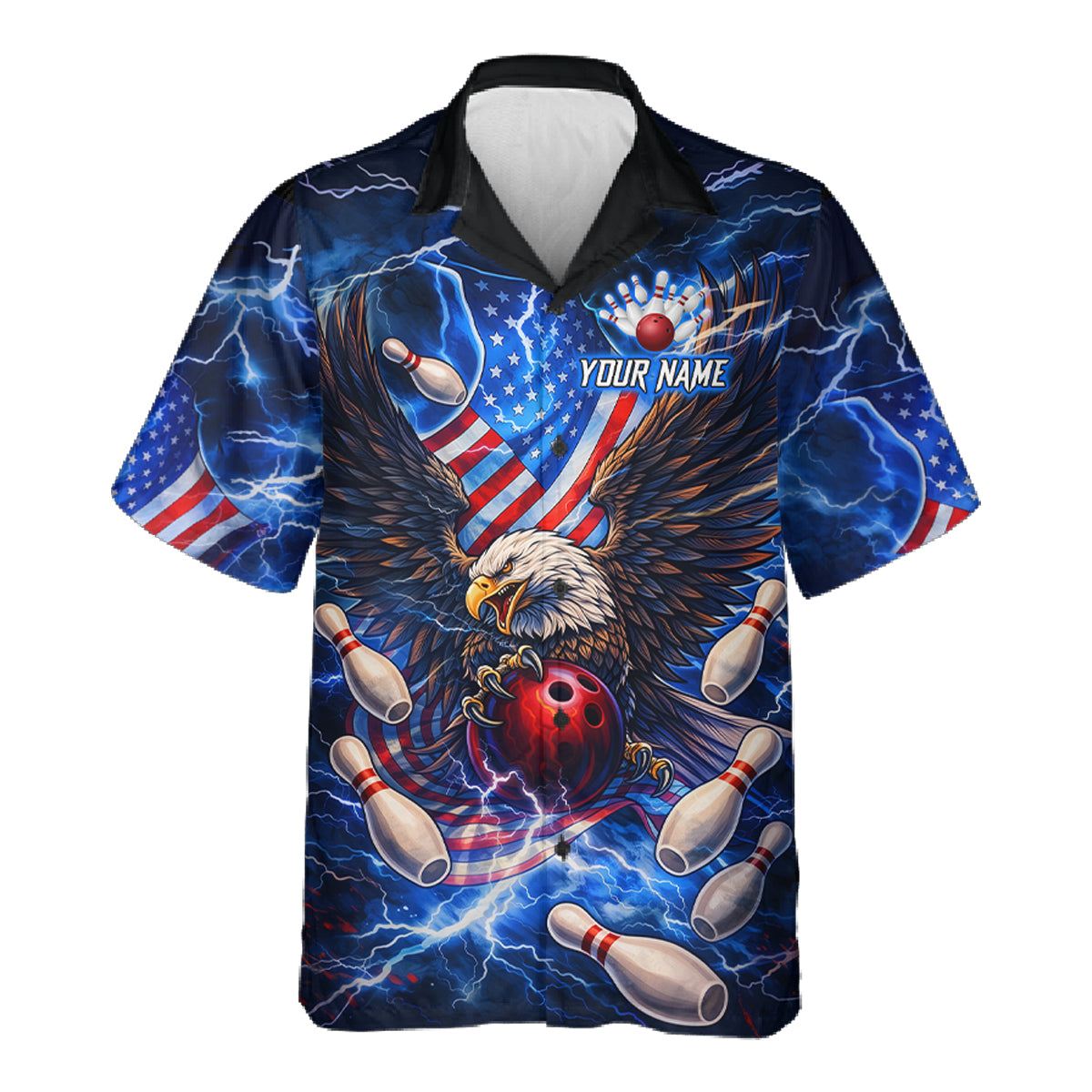 US Flag Eagle Bowling Hawaiian Shirt Custom Blue Lightning Thunder Patriotic Team Bowling Jerseys NQS11581