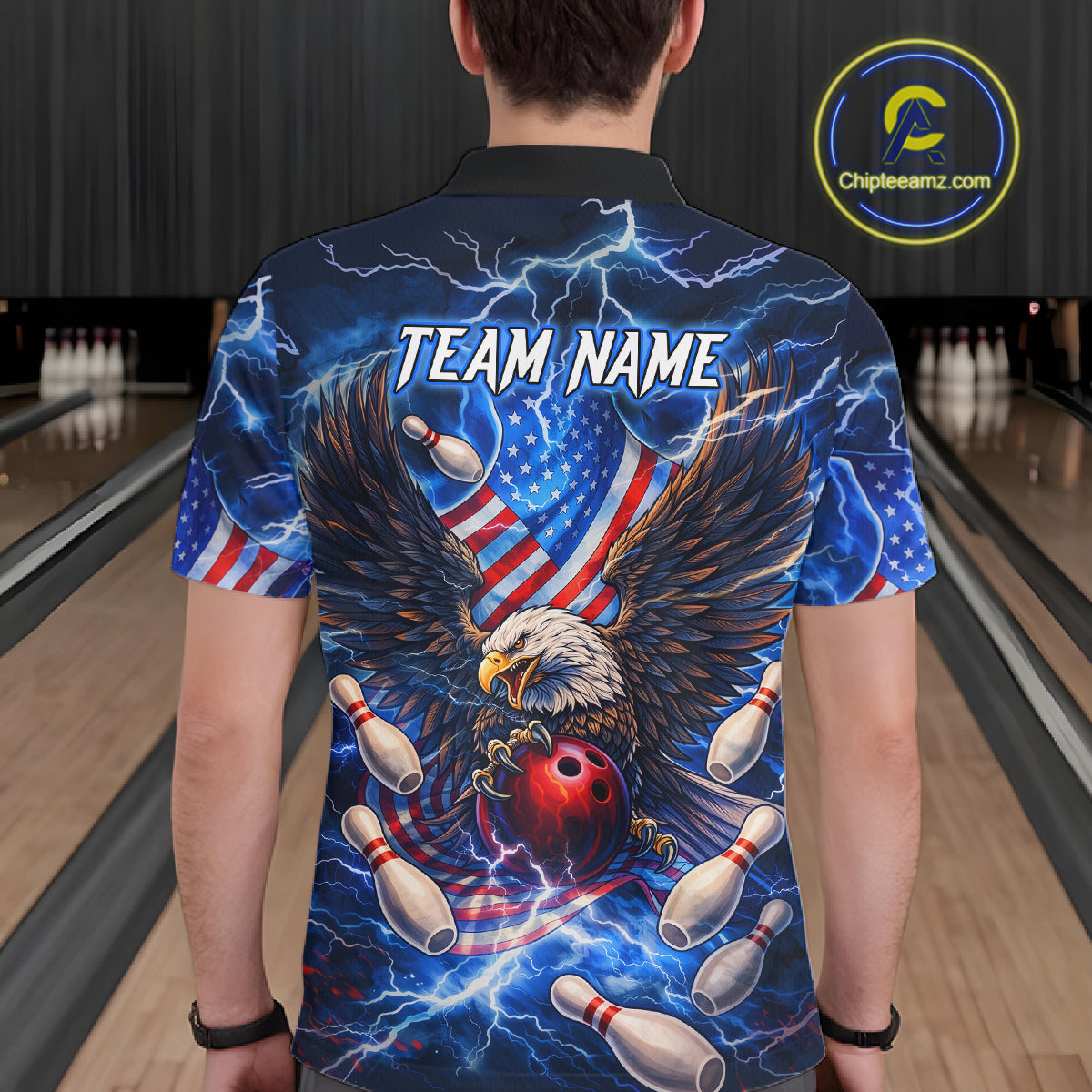 US Flag Eagle Bowling Shirts for Men Custom Blue Lightning Thunder Patriotic Team Bowling Jerseys NQS11581