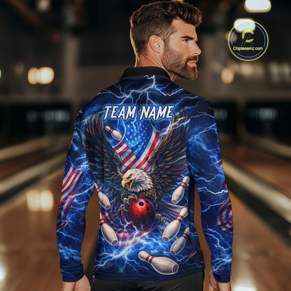 US Flag Eagle Bowling Shirts for Men Custom Blue Lightning Thunder Patriotic Team Bowling Jerseys NQS11581