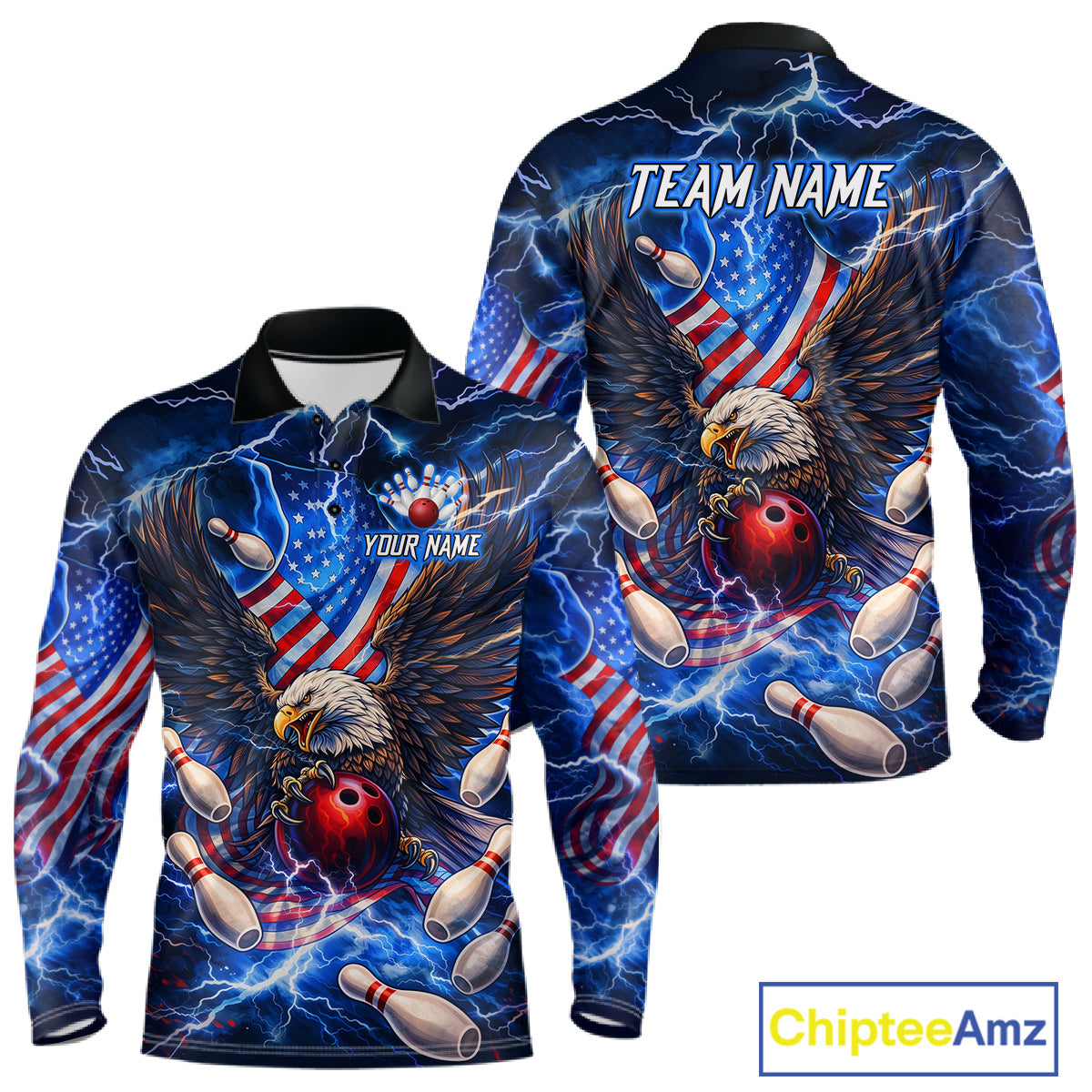 US Flag Eagle Bowling Shirts for Men Custom Blue Lightning Thunder Patriotic Team Bowling Jerseys NQS11581
