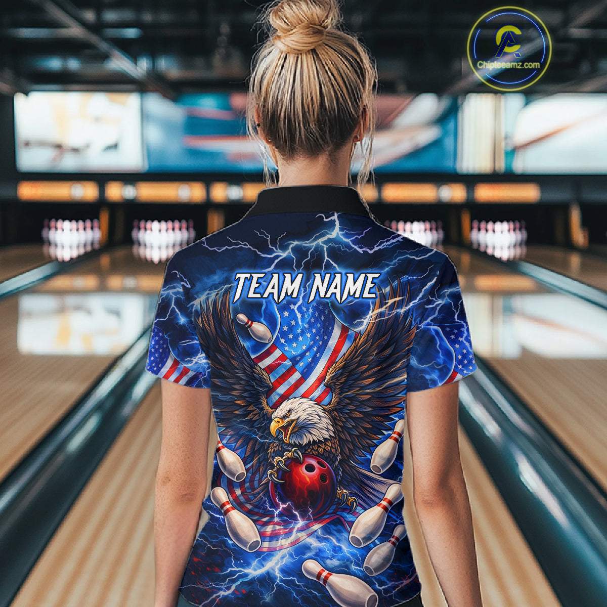 US Flag Eagle Bowling Shirts for Women Custom Blue Lightning Thunder Patriotic Team Bowling Jerseys NQS11581