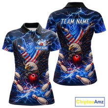 Load image into Gallery viewer, US Flag Eagle Bowling Shirts for Women Custom Blue Lightning Thunder Patriotic Team Bowling Jerseys NQS11581