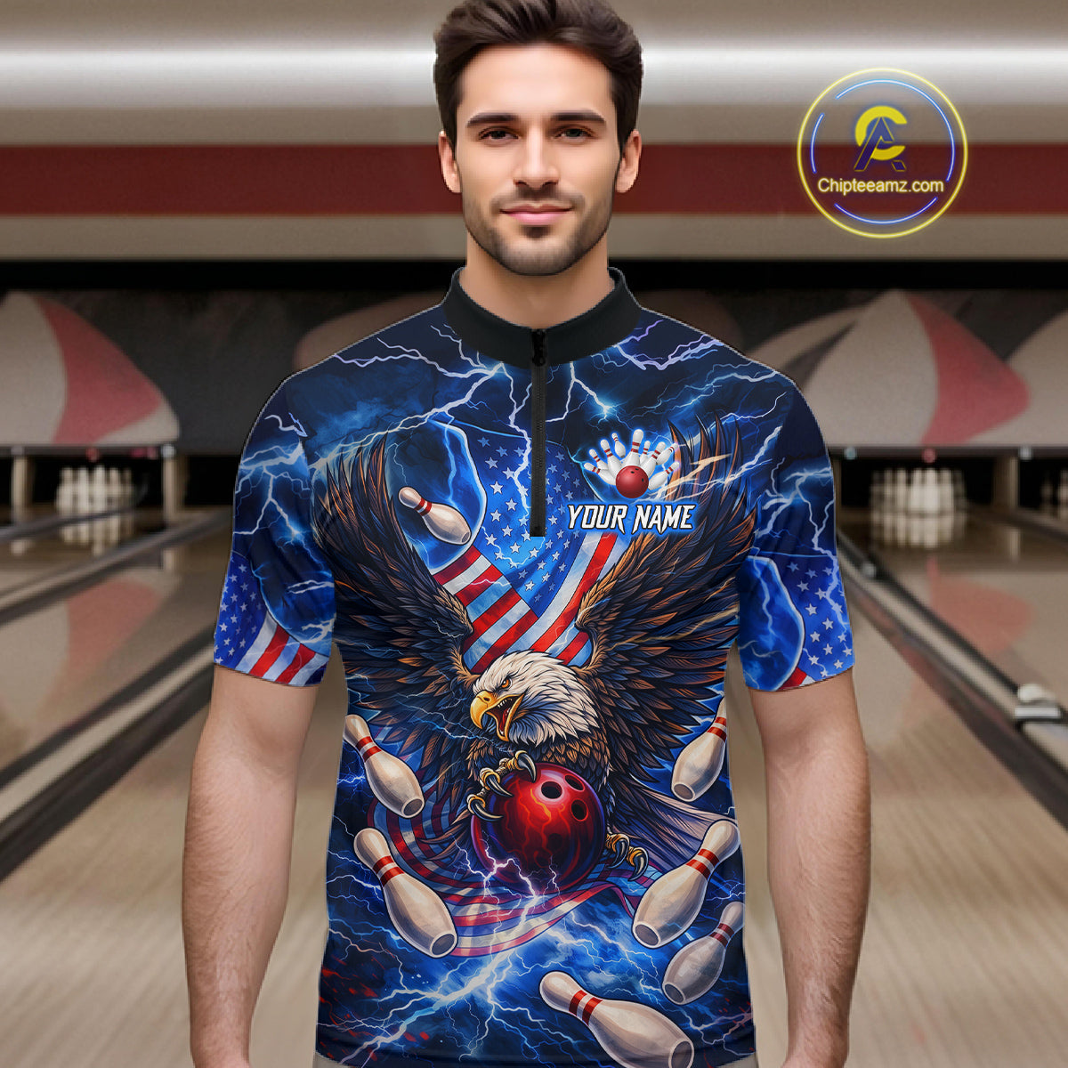 US Flag Eagle Bowling Shirts for Men Custom Blue Lightning Thunder Patriotic Team Bowling Jerseys NQS11581