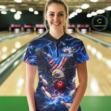 Load image into Gallery viewer, US Flag Eagle Bowling Shirts for Women Custom Blue Lightning Thunder Patriotic Team Bowling Jerseys NQS11581