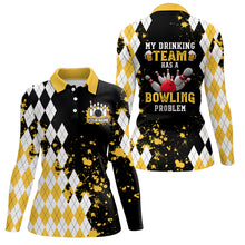 Load image into Gallery viewer, Yellow argyle pattern Retro Bowling Polo shirt For women custom My drinking team has a bowling problem NQS6951