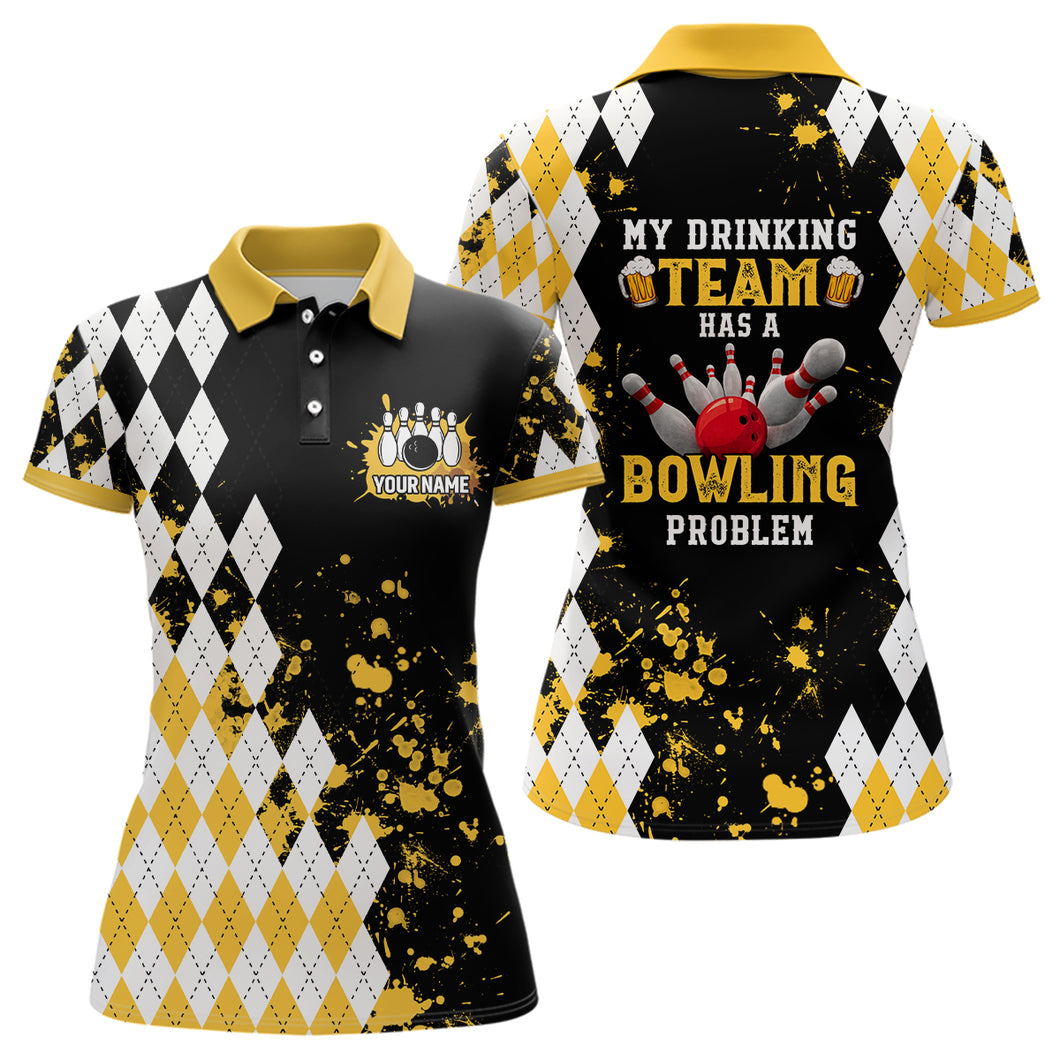 Yellow argyle pattern Retro Bowling Polo shirt For women custom My drinking team has a bowling problem NQS6951