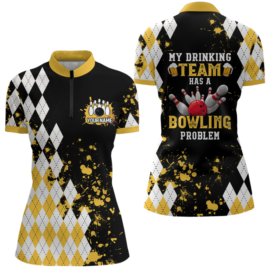 Yellow argyle Retro Bowling Quarter Zip shirt For women custom My drinking team has a bowling problem NQS6951