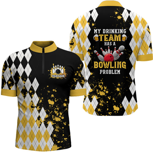 Yellow argyle Retro Bowling Quarter Zip shirt For Men custom My drinking team has a bowling problem NQS6951