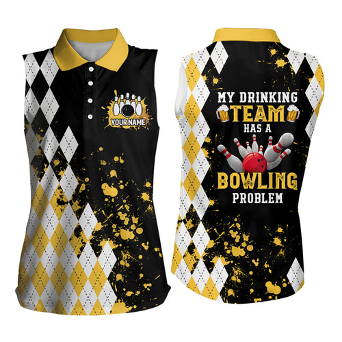 Yellow argyle pattern Retro Bowling sleeveless polo shirt custom My drinking team has bowling problem NQS6951