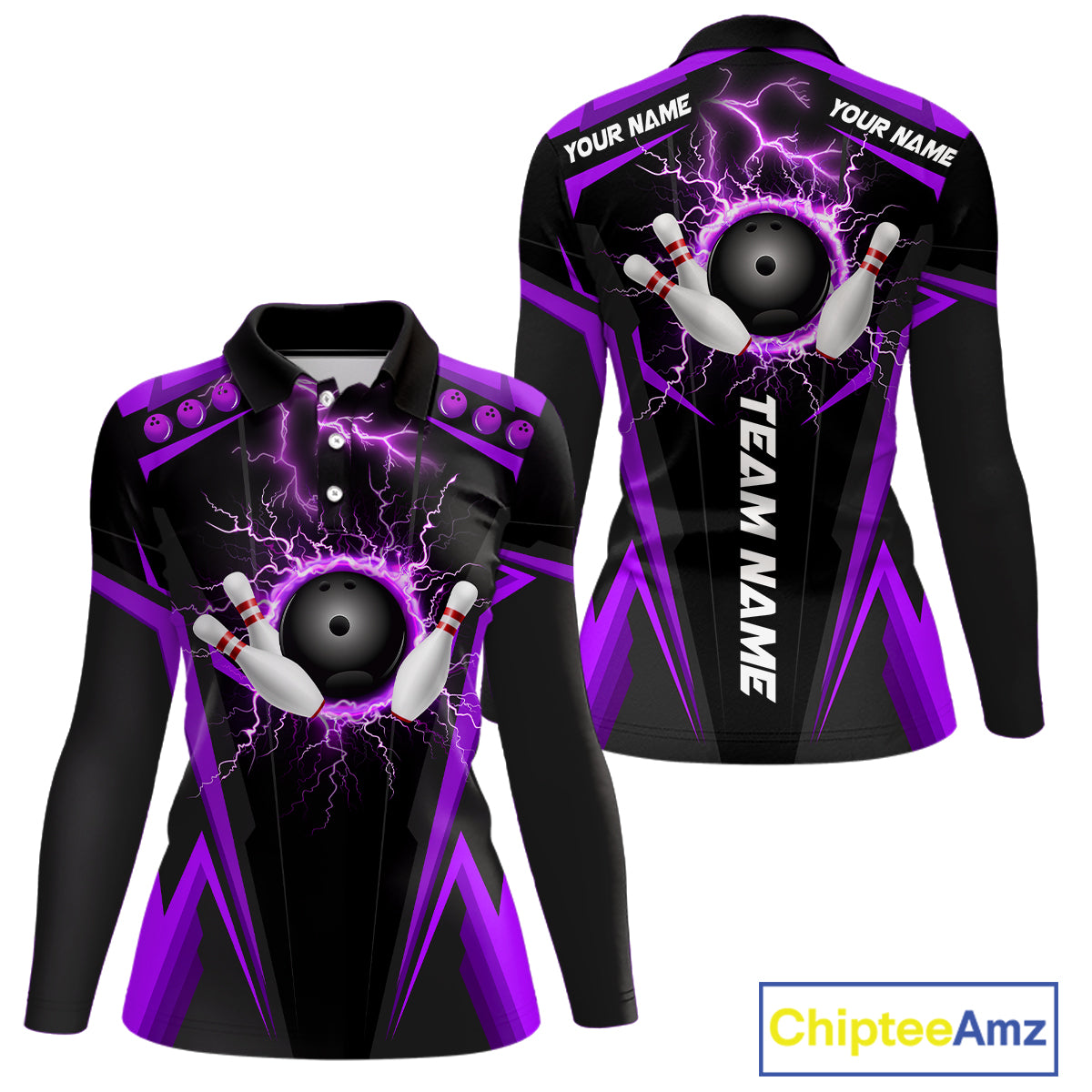 Black Women bowling Polo, 1/4 Zip shirt Custom lightning thunder team league bowling jersey | Purple NQS10375