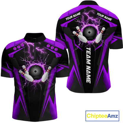 Black Men bowling Polo, 1/4 Zip shirt Custom lightning thunder team league bowling jersey | Purple NQS10375