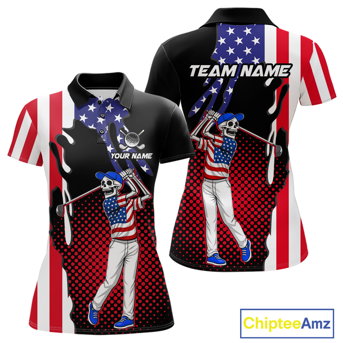 Personalized US flag golf shirts funny skull women's patriotic golf shirts custom ladies golf apparel NQS11384