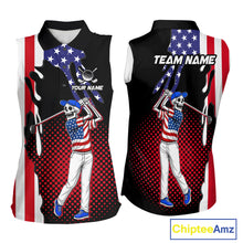 Load image into Gallery viewer, Personalized US flag golf shirts funny skull womens golf shirts sleeveless custom ladies golf apparel NQS11384