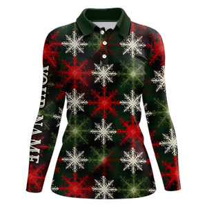 Womens golf polo shirt custom red green Christmas snowflake pattern, womens christmas golf shirts NQS6783