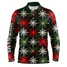 Load image into Gallery viewer, Mens golf polo shirt custom red green Christmas snowflake pattern, mens christmas golf shirts NQS6783