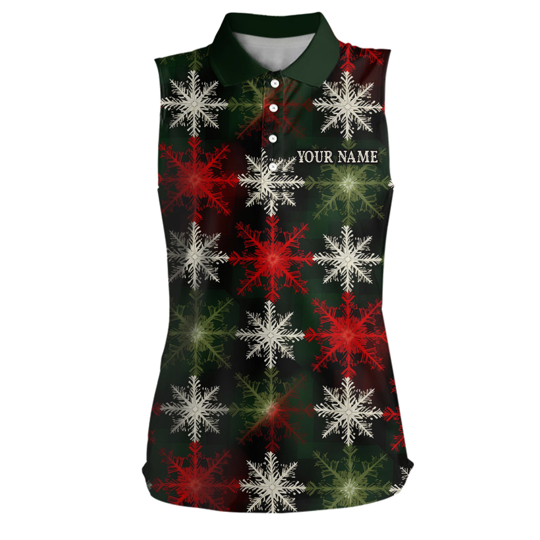 Womens sleeveless golf polo custom red green Christmas snowflake pattern, womens christmas golf shirts NQS6783