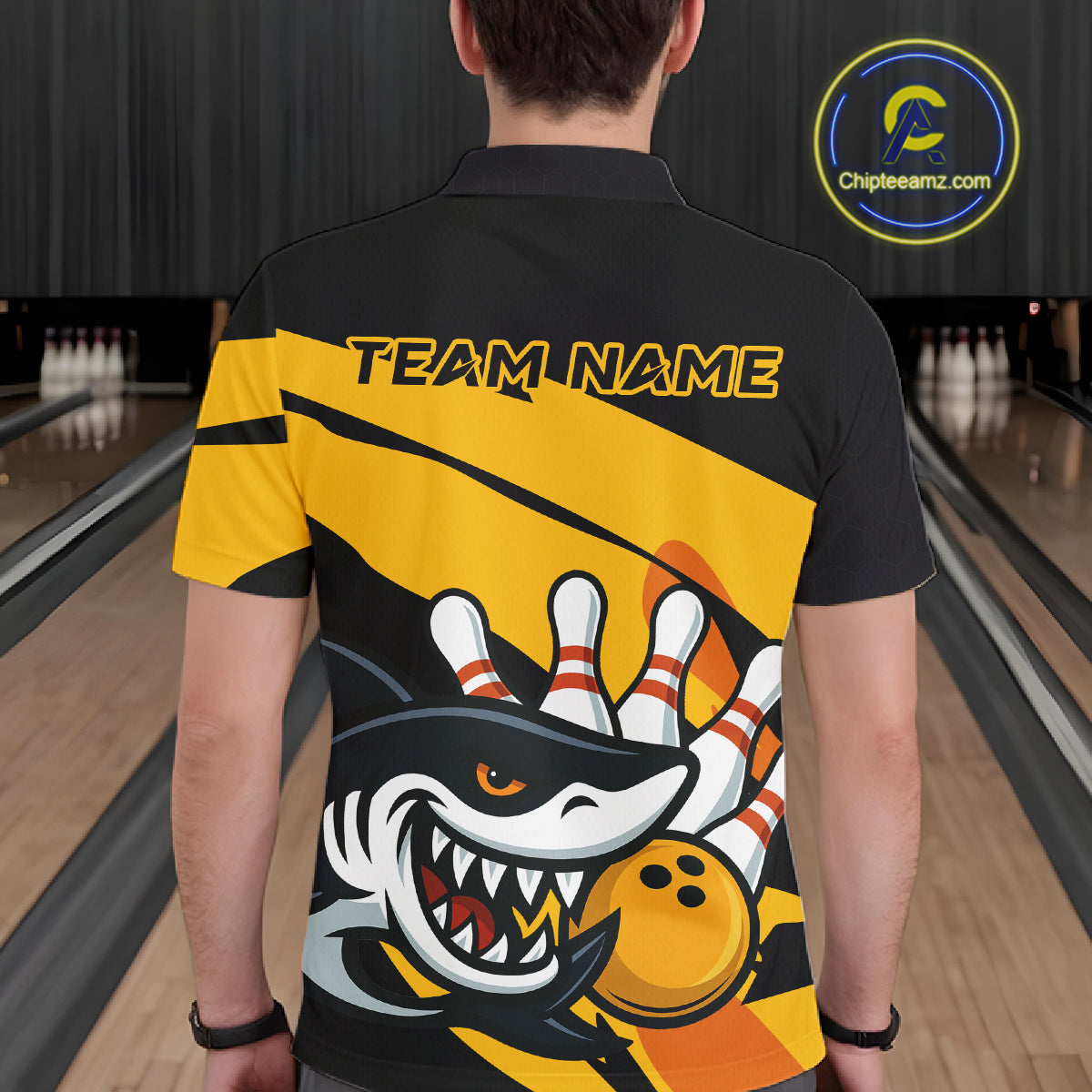 Black and yellow shark Bowling polo, quarter zip shirt for men custom Shark Bowling team league shirt NQS10393