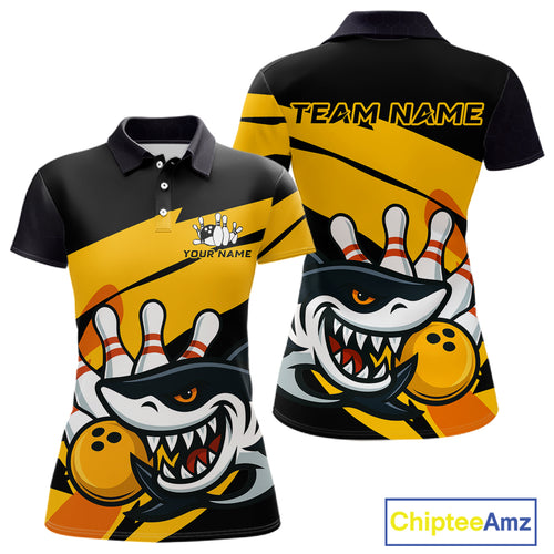 Black and yellow shark Women Bowling polo, quarter zip shirt custom Shark Bowling team league shirt NQS10393