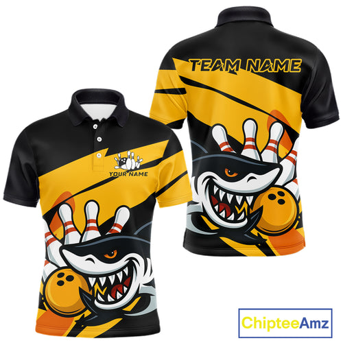 Black and yellow shark Bowling polo, quarter zip shirt for men custom Shark Bowling team league shirt NQS10393