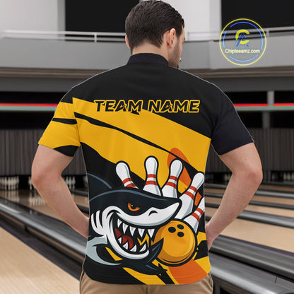 Black and yellow shark Bowling polo, quarter zip shirt for men custom Shark Bowling team league shirt NQS10393