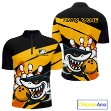 Load image into Gallery viewer, Black and yellow shark Bowling polo, quarter zip shirt for men custom Shark Bowling team league shirt NQS10393