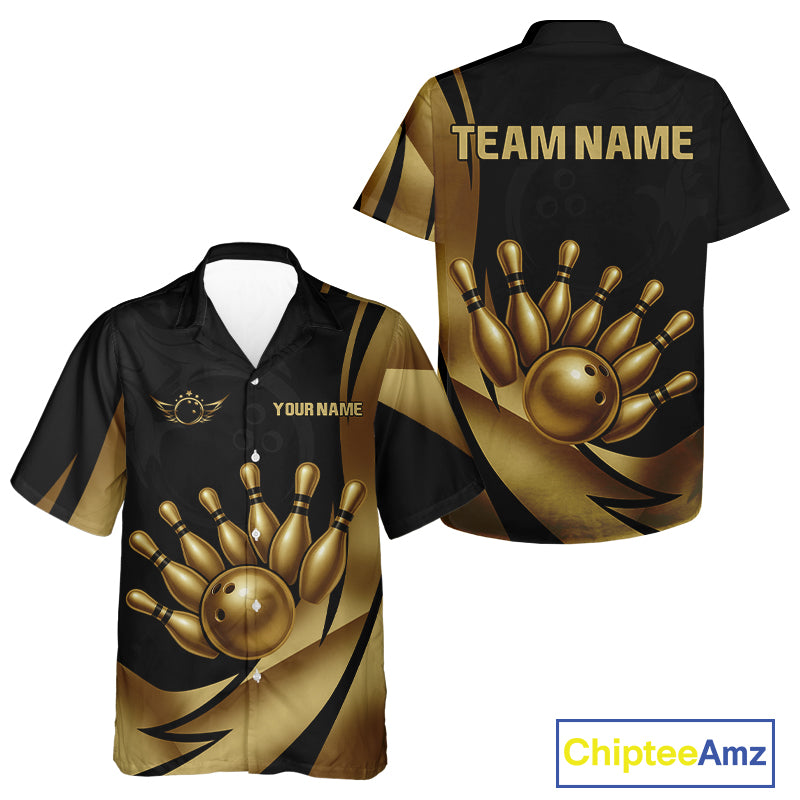 Black and Gold Bowling Hawaiian shirt Custom Team Bowling League Button Up Shirt NQS10079