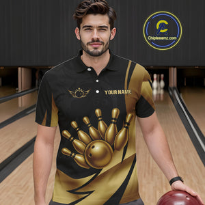 Black and Gold Mens Bowling Polo, Quarter Zip Shirts Custom Team Bowling League Jersey NQS10079