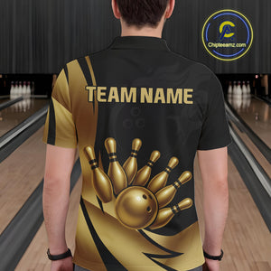 Black and Gold Mens Bowling Polo, Quarter Zip Shirts Custom Team Bowling League Jersey NQS10079