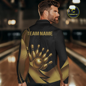 Black and Gold Mens Bowling Polo, Quarter Zip Shirts Custom Team Bowling League Jersey NQS10079