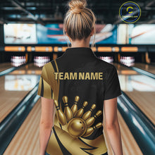 Load image into Gallery viewer, Black and Gold Women Bowling Polo, Quarter Zip Shirts Custom Team Bowling League Jersey NQS10079