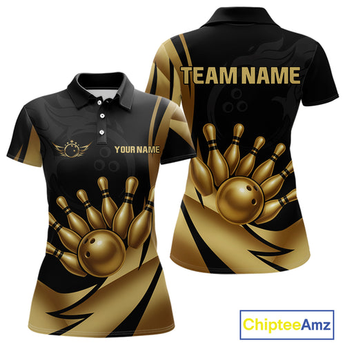 Black and Gold Women Bowling Polo, Quarter Zip Shirts Custom Team Bowling League Jersey NQS10079