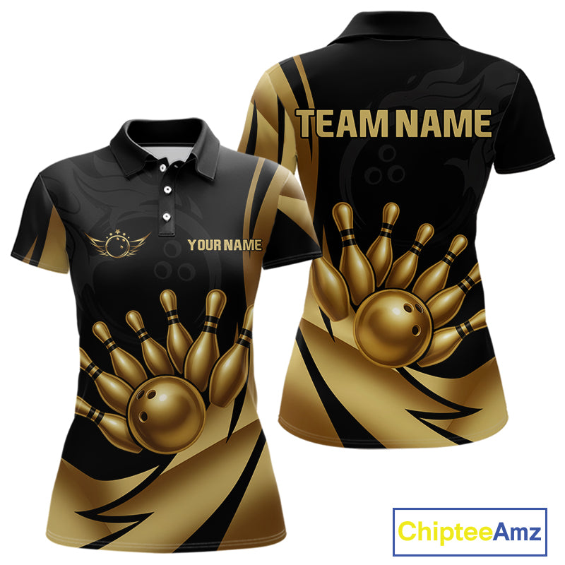 Black and Gold Women Bowling Polo, Quarter Zip Shirts Custom Team Bowling League Jersey NQS10079