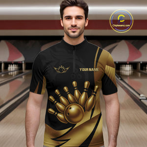 Black and Gold Mens Bowling Polo, Quarter Zip Shirts Custom Team Bowling League Jersey NQS10079
