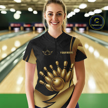 Load image into Gallery viewer, Black and Gold Women Bowling Polo, Quarter Zip Shirts Custom Team Bowling League Jersey NQS10079